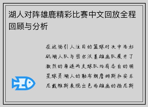 湖人对阵雄鹿精彩比赛中文回放全程回顾与分析